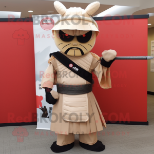 Tan Samurai mascot costume character dressed with a Empire Waist Dress and Tie pins