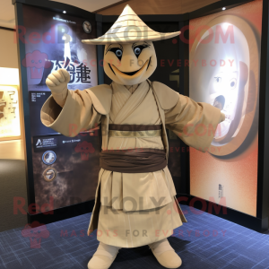 Tan Samurai mascot costume character dressed with a Empire Waist Dress and Tie pins