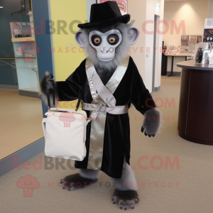 Silver Capuchin Monkey mascot costume character dressed with a Tuxedo and Messenger bags