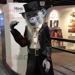 Silver Capuchin Monkey mascot costume character dressed with a Tuxedo and Messenger bags