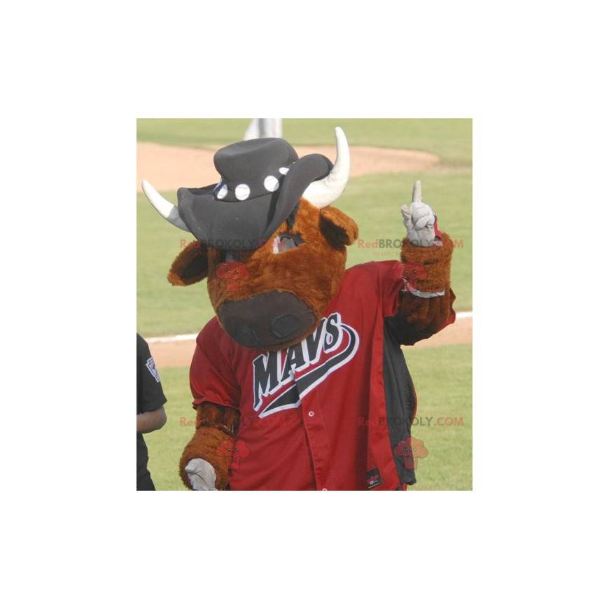 Brown cow mascot in sportswear with a hat - Redbrokoly.com