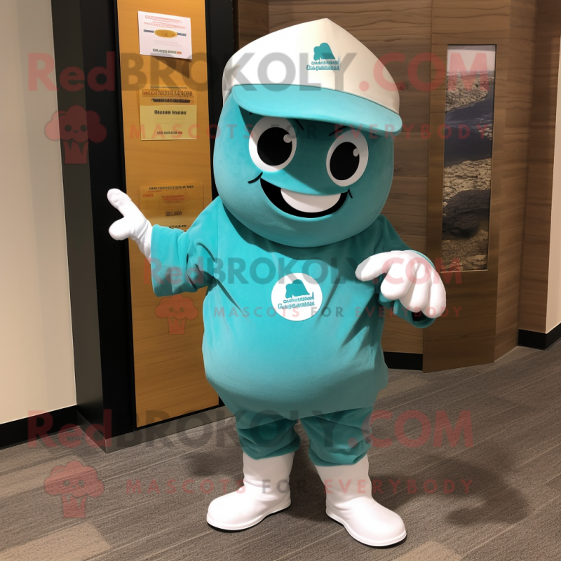 Teal Clam Chowder mascot costume character dressed with a Polo Shirt and Wraps