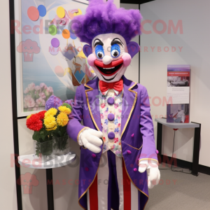 Lavender Clown mascot costume character dressed with a Tuxedo and Hair clips