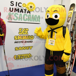 Yellow Special Air Service mascot costume character dressed with a Board Shorts and Mittens