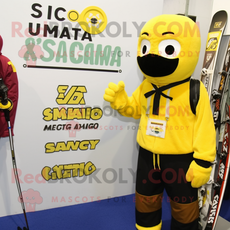 Yellow Special Air Service mascot costume character dressed with a Board Shorts and Mittens Yellow Special Air Service mascot costume character dressed with a Board Shorts and Mittens