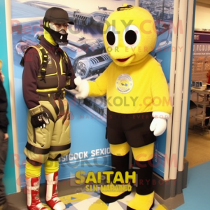 Yellow Special Air Service mascot costume character dressed with a Board Shorts and Mittens