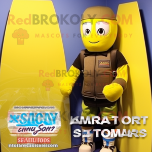 Yellow Special Air Service mascot costume character dressed with a Board Shorts and Mittens
