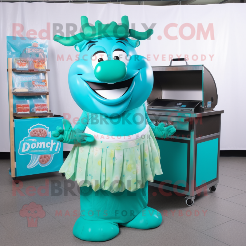 Turquoise Bbq Ribs mascot costume character dressed with a Skirt and Necklaces Turquoise Bbq Ribs mascot costume character dressed with a Skirt and Necklaces