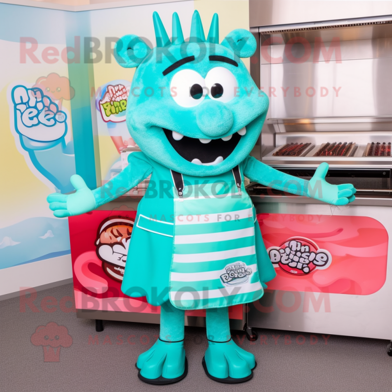 Turquoise Bbq Ribs mascot costume character dressed with a Skirt and Necklaces Turquoise Bbq Ribs mascot costume character dressed with a Skirt and Necklaces