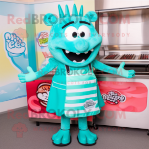 Turquoise Bbq Ribs mascot costume character dressed with a Skirt and Necklaces