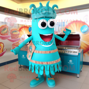 Turquoise Bbq Ribs mascot costume character dressed with a Skirt and Necklaces