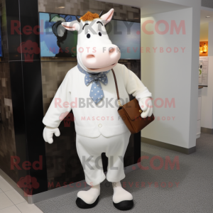 White Guernsey Cow mascot costume character dressed with a Suit Pants and Clutch bags