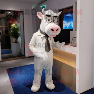 White Guernsey Cow mascot costume character dressed with a Suit Pants and Clutch bags