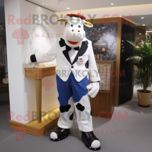 White Guernsey Cow mascot costume character dressed with a Suit Pants and Clutch bags