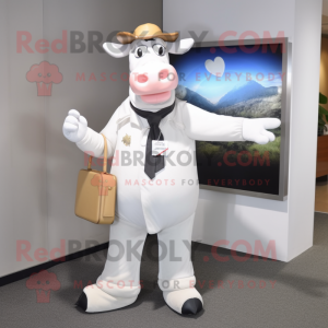 White Guernsey Cow mascot costume character dressed with a Suit Pants and Clutch bags