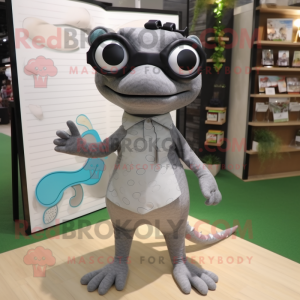 Gray Geckos mascot costume character dressed with a Midi Dress and Eyeglasses