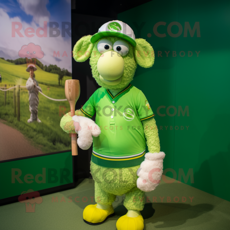 Lime Green Merino Sheep mascot costume character dressed with a Polo Tee and Caps