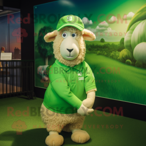 Lime Green Merino Sheep mascot costume character dressed with a Polo Tee and Caps