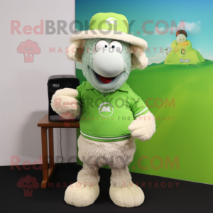 Lime Green Merino Sheep mascot costume character dressed with a Polo Tee and Caps