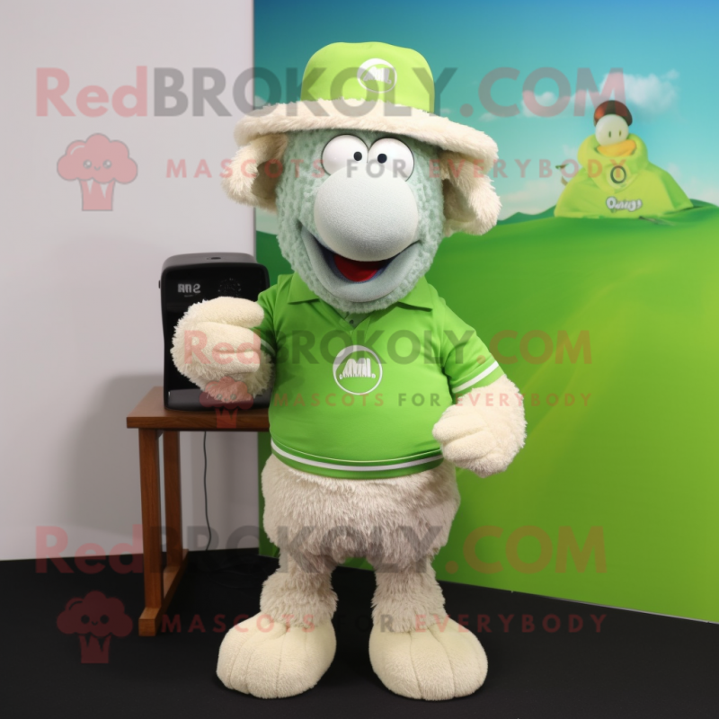 Lime Green Merino Sheep mascot costume character dressed with a Polo Tee and Caps Lime Green Merino Sheep mascot costume character dressed with a Polo Tee and Caps