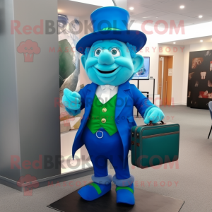 Blue Leprechaun mascot costume character dressed with a Waistcoat and Briefcases