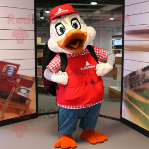 Red Geese mascot costume character dressed with a Button-Up Shirt and Backpacks