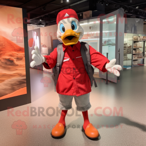 Red Geese mascot costume character dressed with a Button-Up Shirt and Backpacks