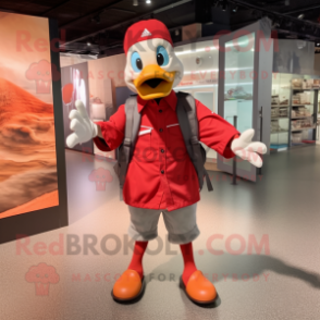 Red Geese mascot costume character dressed with a Button-Up Shirt and Backpacks