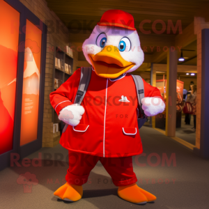 Red Geese mascot costume character dressed with a Button-Up Shirt and Backpacks