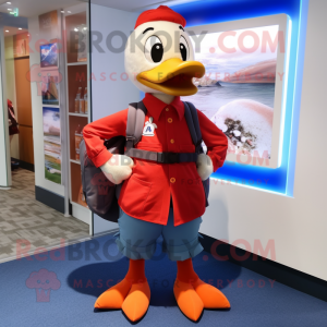 Red Geese mascot costume character dressed with a Button-Up Shirt and Backpacks