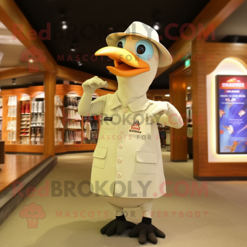 Cream Woodpecker mascot costume character dressed with a Tank Top and Hat pins Cream Woodpecker mascot costume character dressed with a Tank Top and Hat pins