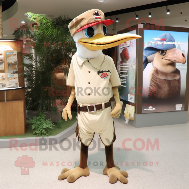 Cream Woodpecker mascot costume character dressed with a Tank Top and Hat pins Cream Woodpecker mascot costume character dressed with a Tank Top and Hat pins
