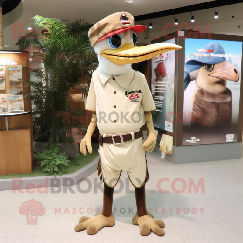 Cream Woodpecker mascot costume character dressed with a Tank Top and Hat pins