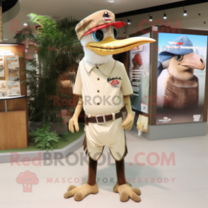 Cream Woodpecker mascot costume character dressed with a Tank Top and Hat pins