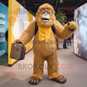 Gold Sasquatch mascot costume character dressed with a Cardigan and Backpacks