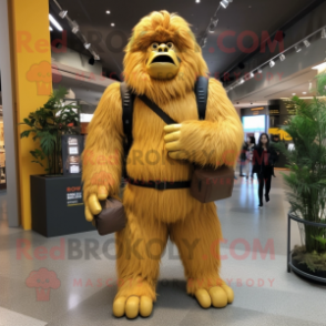 Gold Sasquatch mascot costume character dressed with a Cardigan and Backpacks