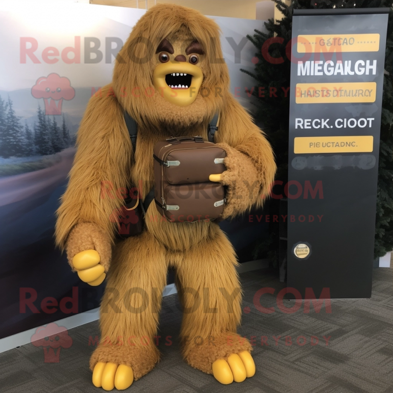 Gold Sasquatch mascot costume character dressed with a Cardigan and Backpacks