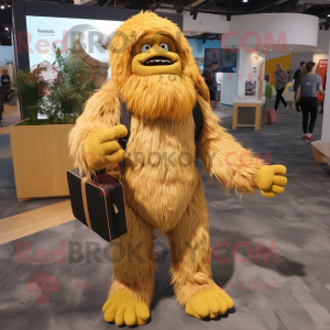 Gold Sasquatch mascot costume character dressed with a Cardigan and Backpacks