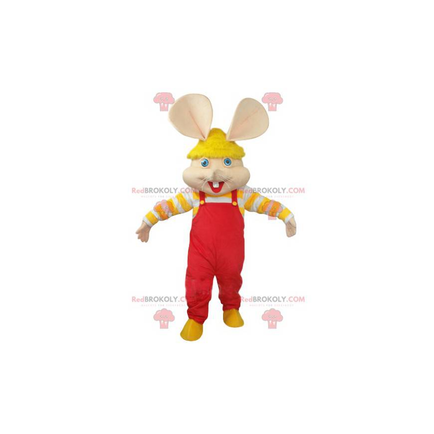 Mascotte de souris avec une salopette rouge et un bonnet jaune