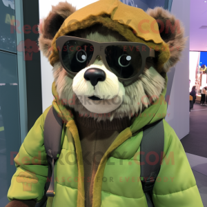 Olive Spectacled Bear mascot costume character dressed with a Parka and Beanies