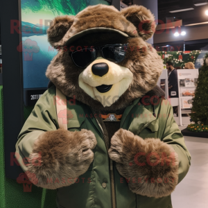 Olive Spectacled Bear mascot costume character dressed with a Parka and Beanies