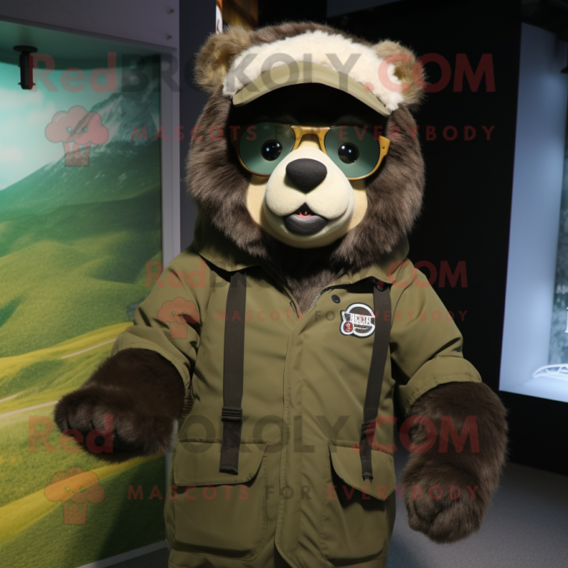 Olive Spectacled Bear mascot costume character dressed with a Parka and Beanies Olive Spectacled Bear mascot costume character dressed with a Parka and Beanies