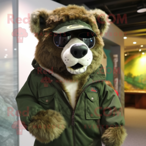 Olive Spectacled Bear mascot costume character dressed with a Parka and Beanies