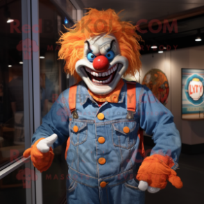 Orange Evil Clown mascot costume character dressed with a Denim Shirt and Bracelets