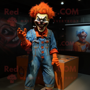 Orange Evil Clown mascot costume character dressed with a Denim Shirt and Bracelets