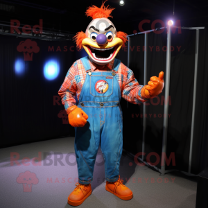 Orange Evil Clown mascot costume character dressed with a Denim Shirt and Bracelets