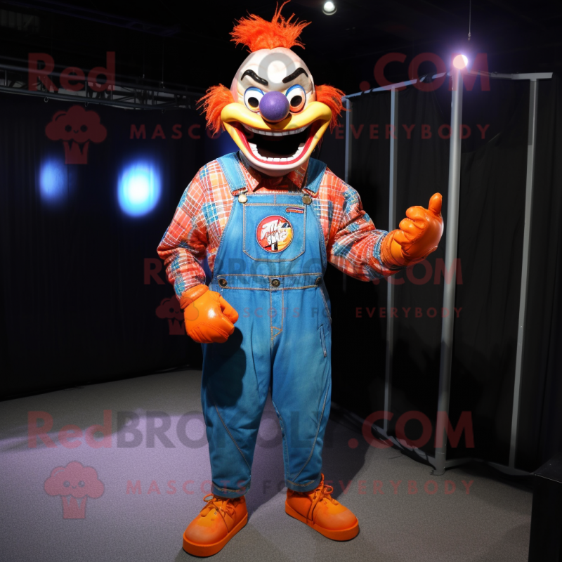 Orange Evil Clown mascot costume character dressed with a Denim Shirt and Bracelets Orange Evil Clown mascot costume character dressed with a Denim Shirt and Bracelets
