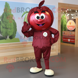 Maroon Apple mascot costume character dressed with a Henley Shirt and Shoe laces