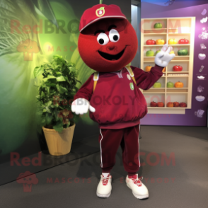 Maroon Apple mascot costume character dressed with a Henley Shirt and Shoe laces