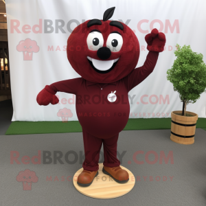 Maroon Apple mascot costume character dressed with a Henley Shirt and Shoe laces